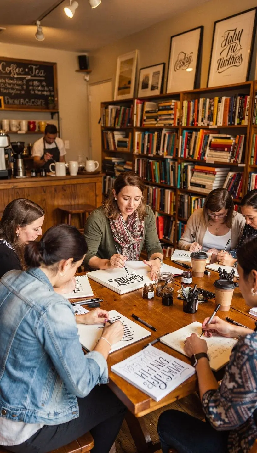 Kefés kalligráfia technikák gyakorlása különböző színű tintákkal.