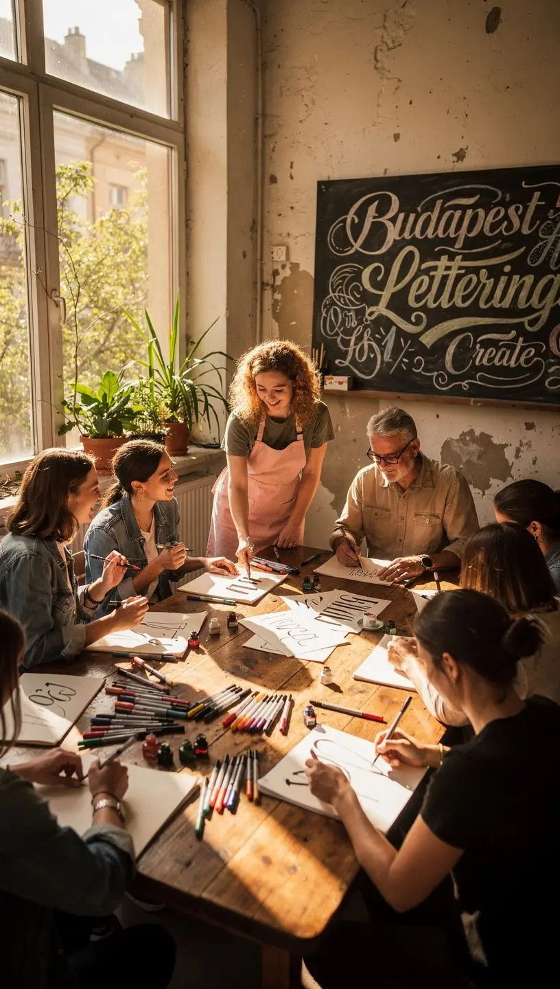 Kefés kalligráfia technikák gyakorlása különböző színű tintákkal.