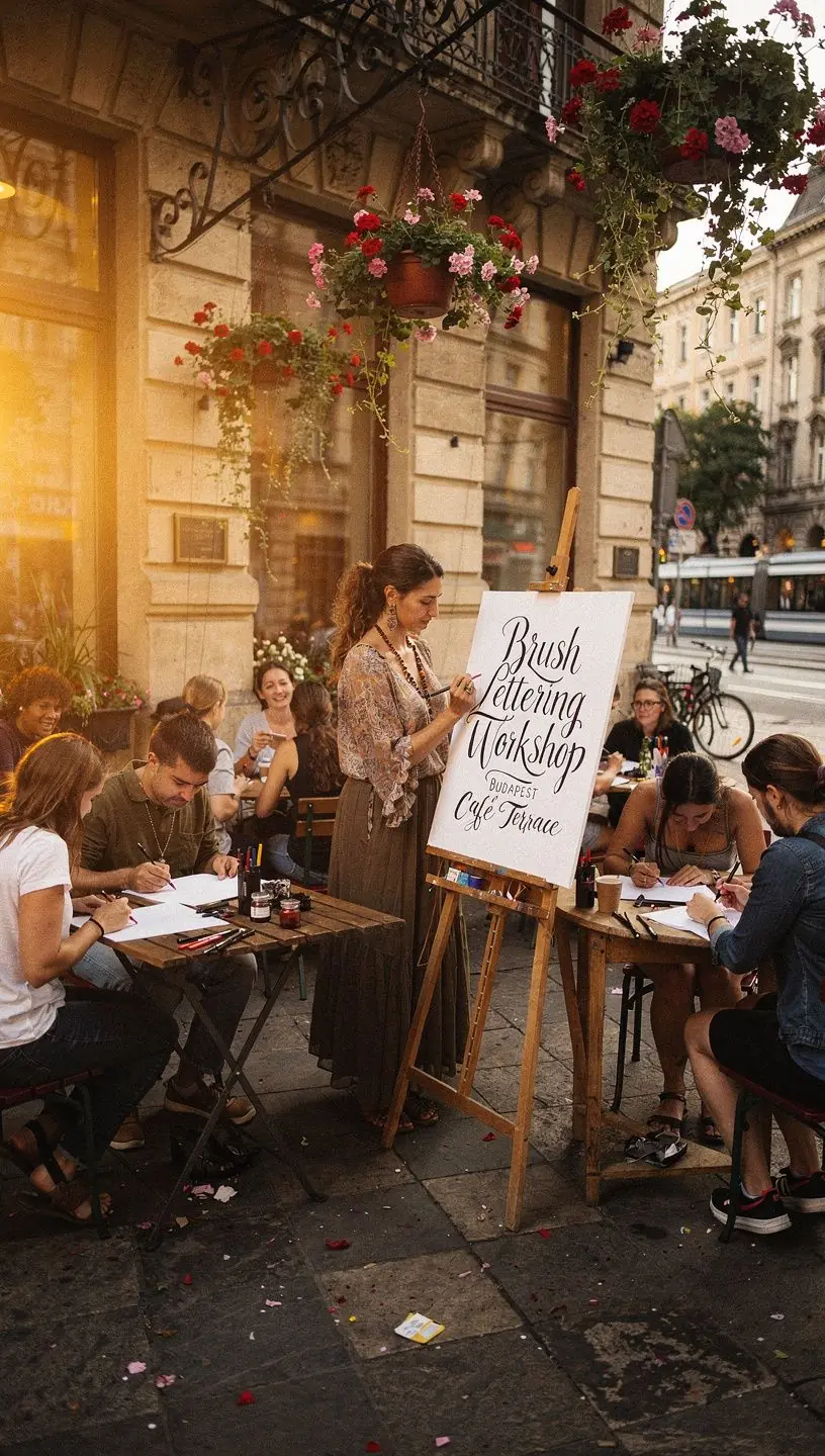 Kefés kalligráfia technikák gyakorlása különböző színű tintákkal.