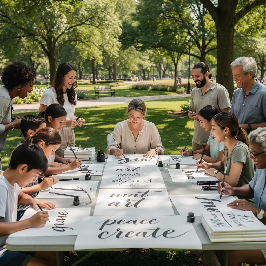 Kefés kalligráfia technikák gyakorlása különböző színű tintákkal.