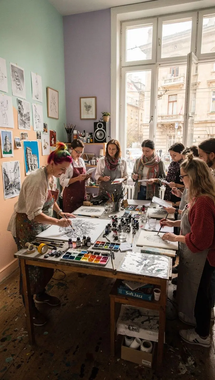 Kefés kalligráfia technikák gyakorlása különböző színű tintákkal.